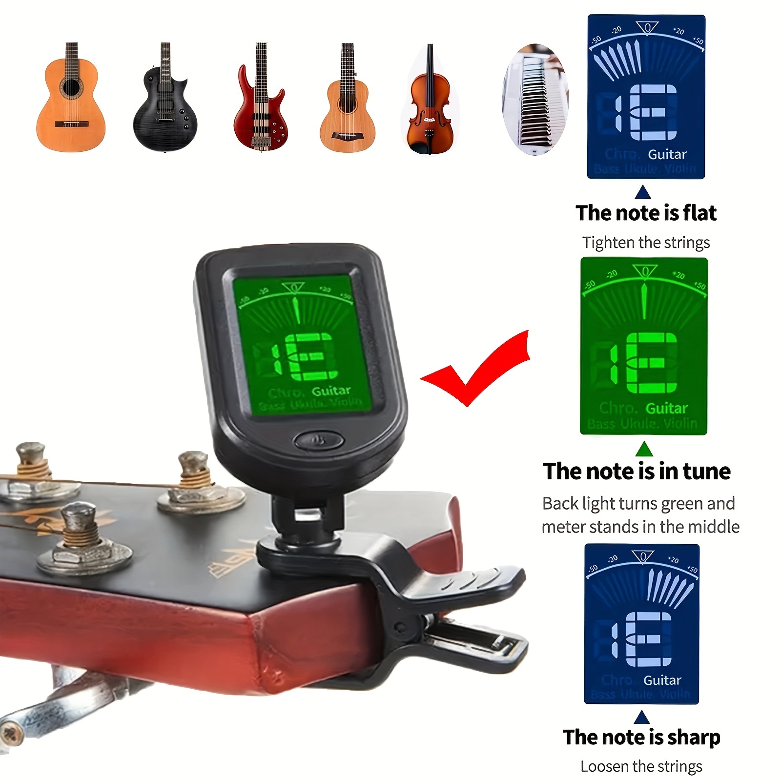 Accordeur de guitare électrique, pédale à Clip, chromatique, numérique,  Mini écran LCD, accordeurs pour guitare basse