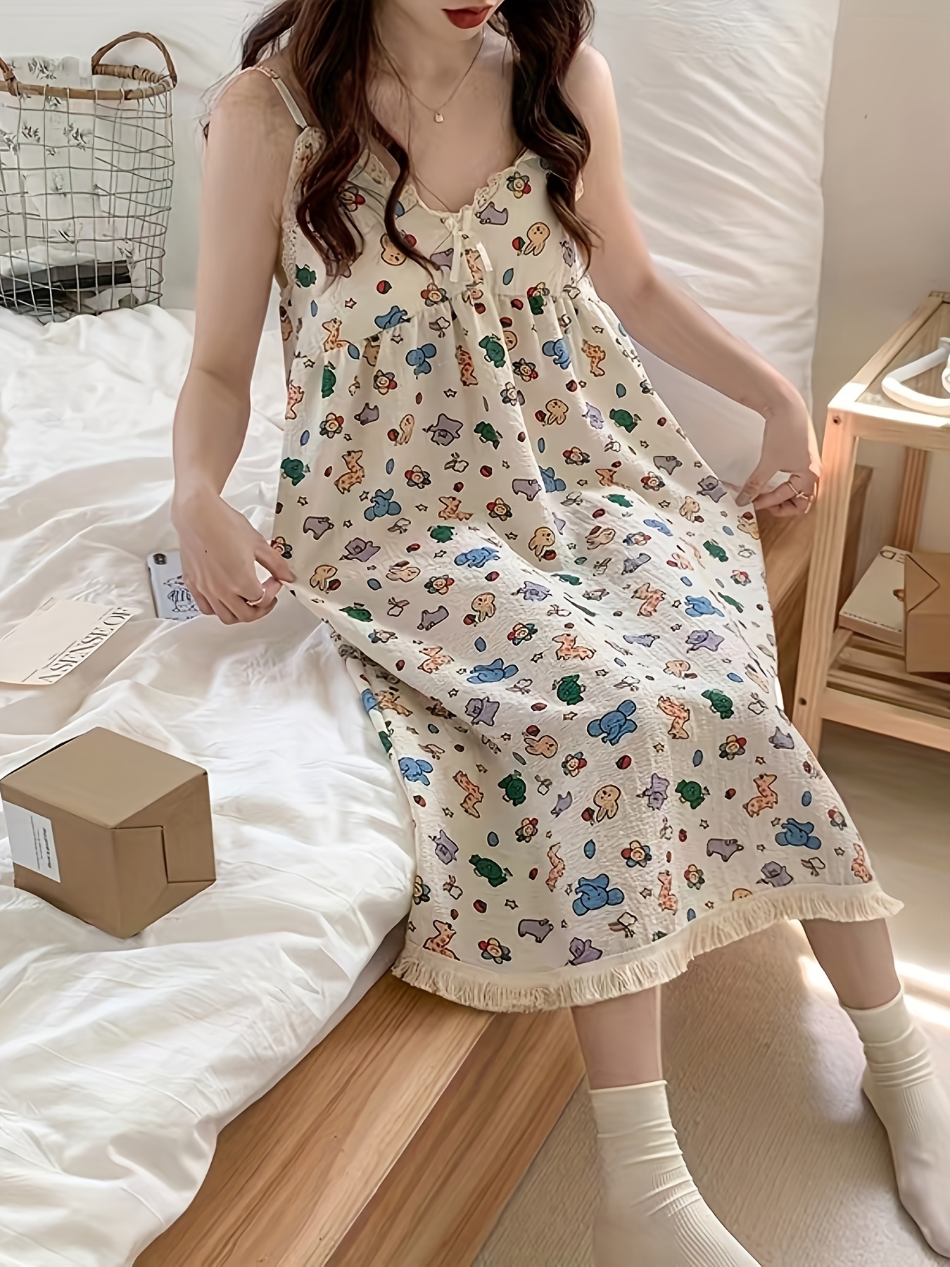Women Cartoon Sleepwear Print Lingerie, Silk Cute Nightgown Strap Thin  Nighty