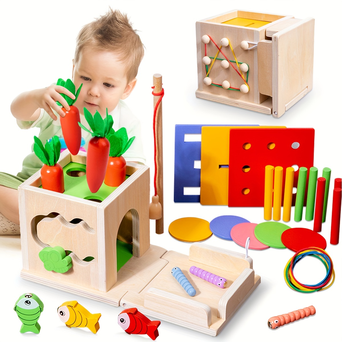 Juguetes Montessori 4 en 1 para niños y niñas de 1, 2 y 3 años, incluyen  juguetes de clasificación y apilamiento de madera, juguete de zanahoria de