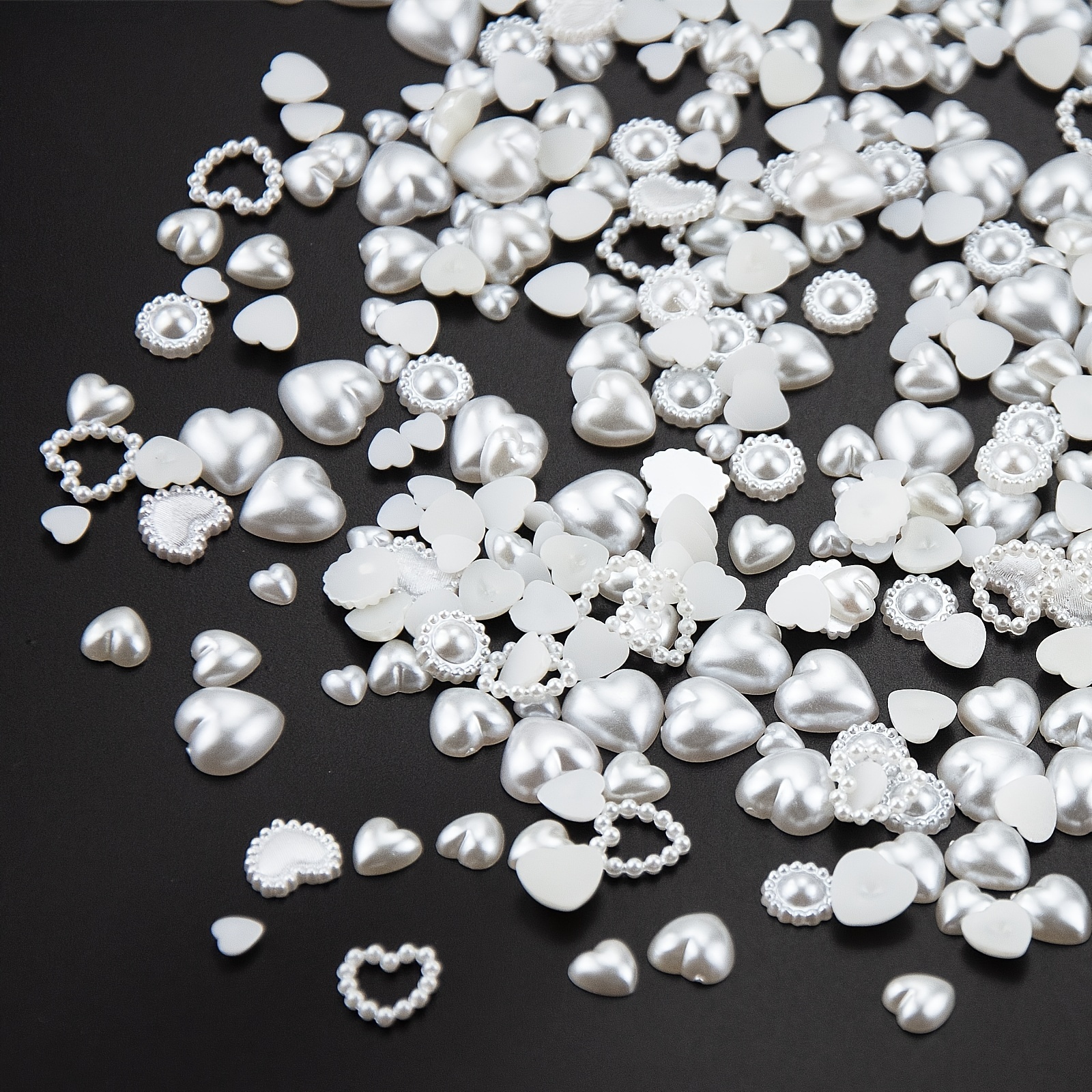 500PCS Pearls Heart Nail Charms Flatback Heart Mixed Shape Acrylic