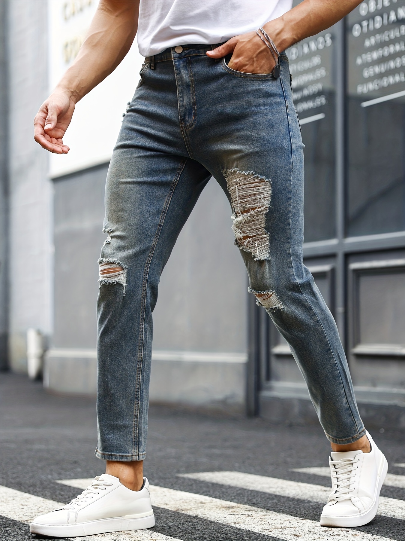 Slim Fit Distressed Cotton Jeans Men's Casual Street Style - Temu