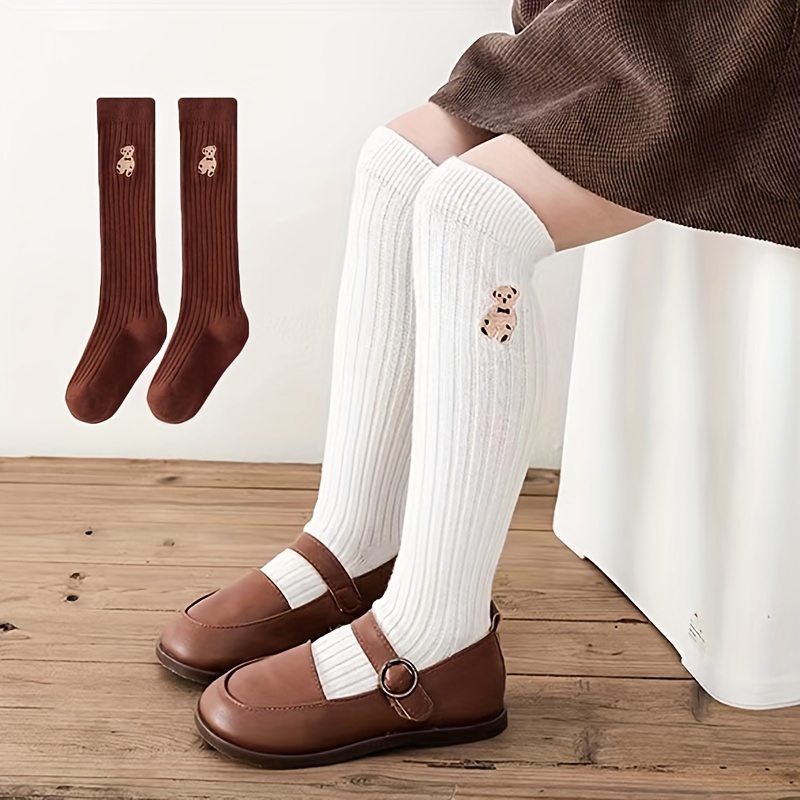 Girl's Embroidered Bear Solid Striped Knee High Socks - Temu