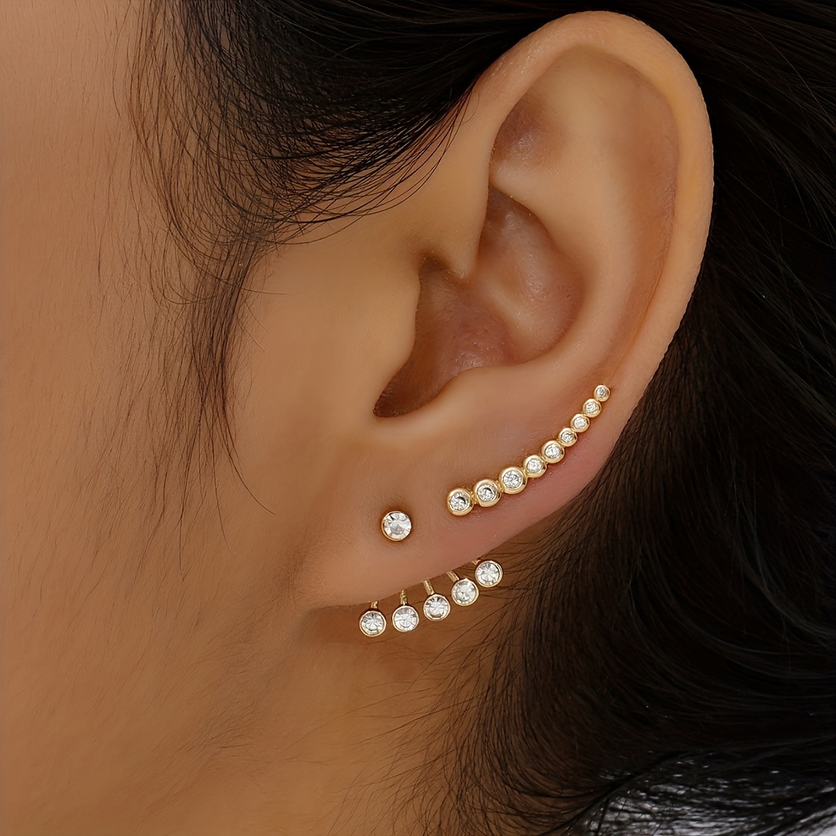 

3pcs Minimalist And Luxurious Multi-layer Gradient Inlaid Rhinestone Crawler Earrings And Ear Jacket, Trendy Layered Earrings Jewelry Ear Decorations