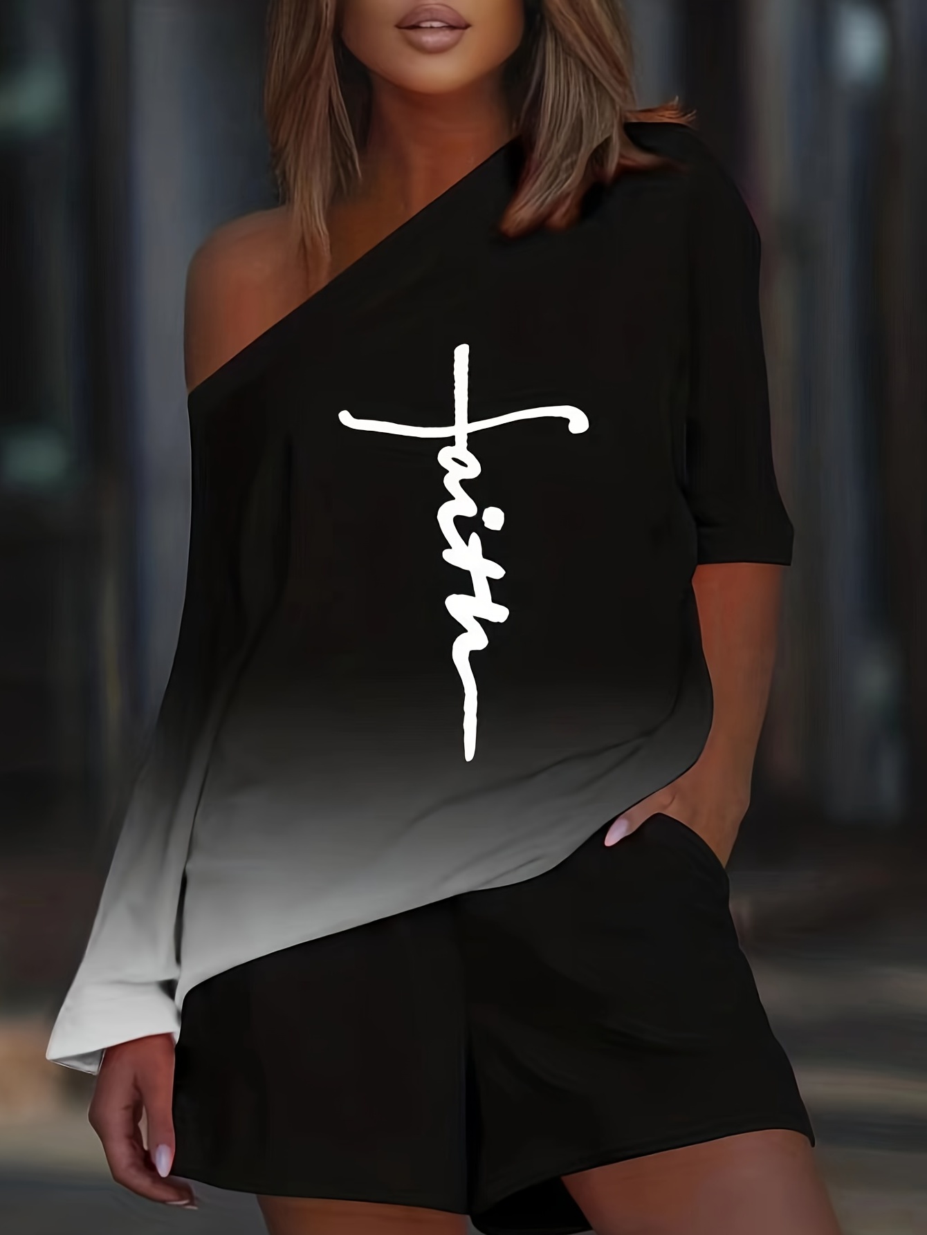 Casual Two Piece Set Asymmetrical Letter Print Tops & Solid Summer Shorts