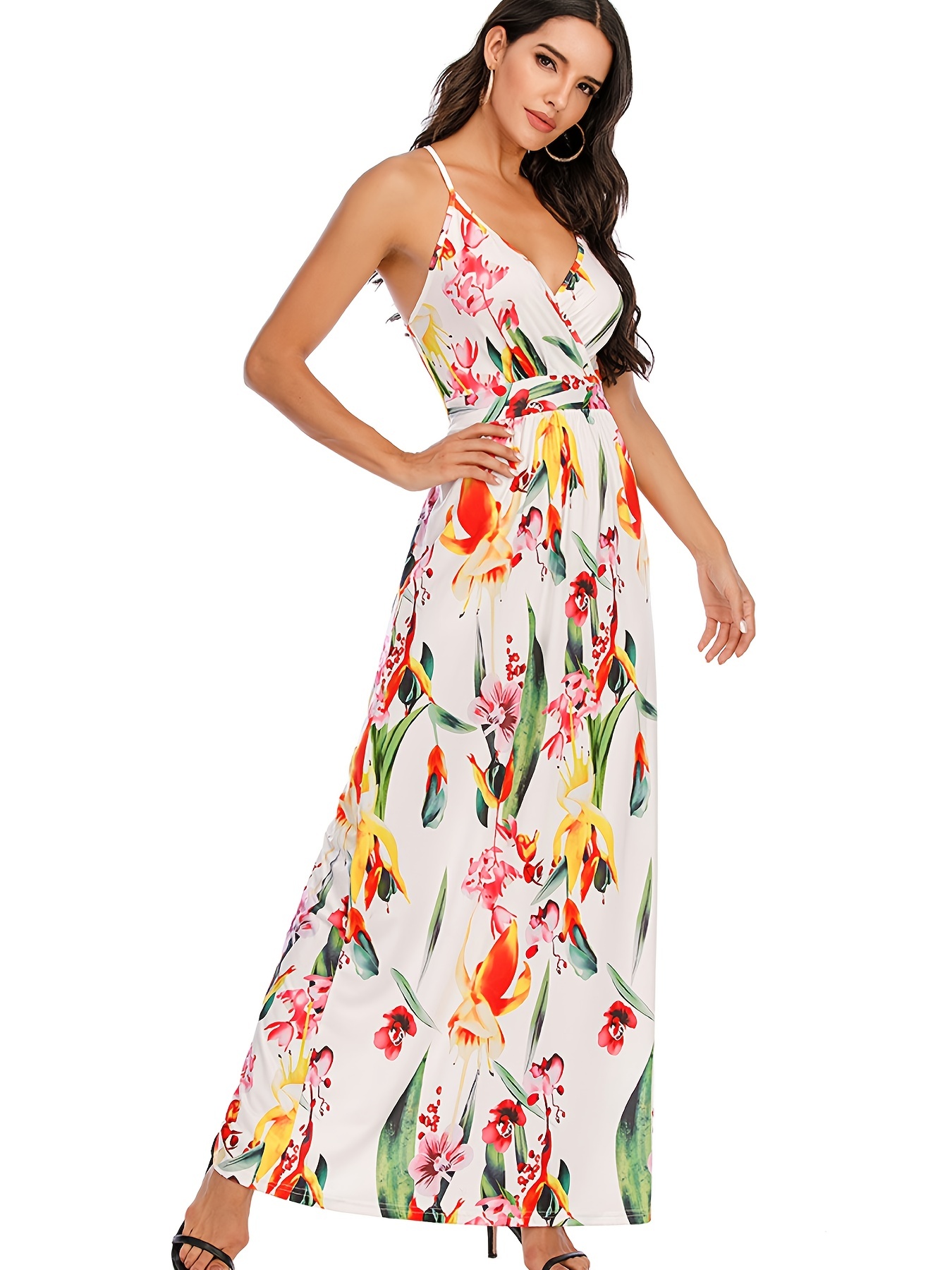 Sexy O-Neck Strappy Maxi Summer Backless Dress Print Floral