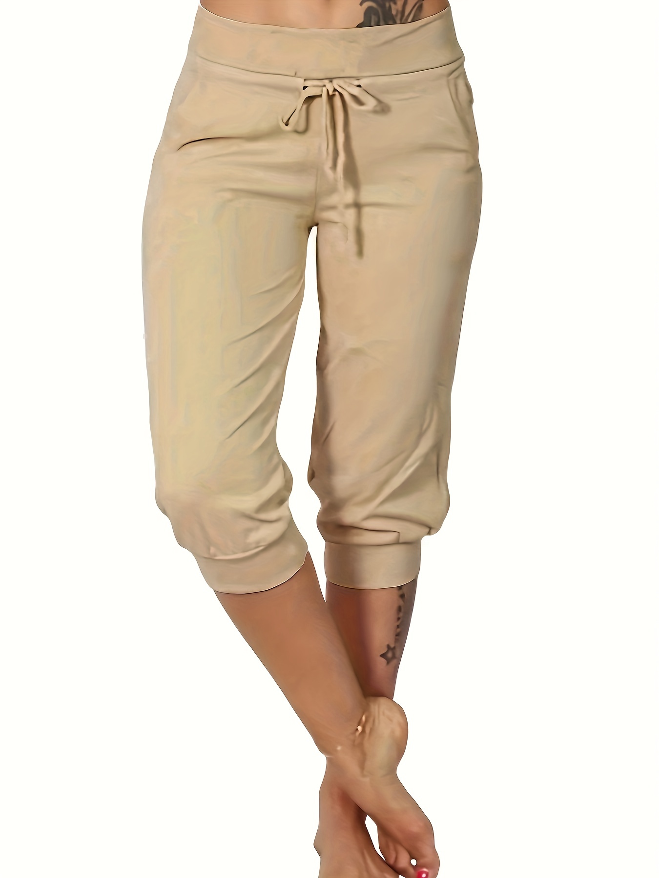 Drawstring Capri Pants Casual Solid Versatile Pants Pockets - Temu Canada