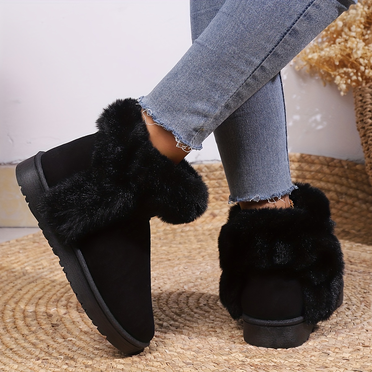 womens faux fur lined snow boots thermal slip on fluffy furry ankle boots winter warm outdoor flat shoes details 8