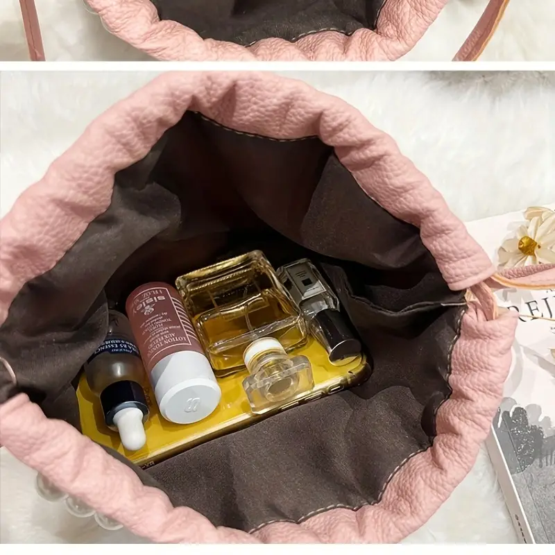 Faux Pearl Chain Bucket Bag, Solid Color Cloud Handbags, Mini