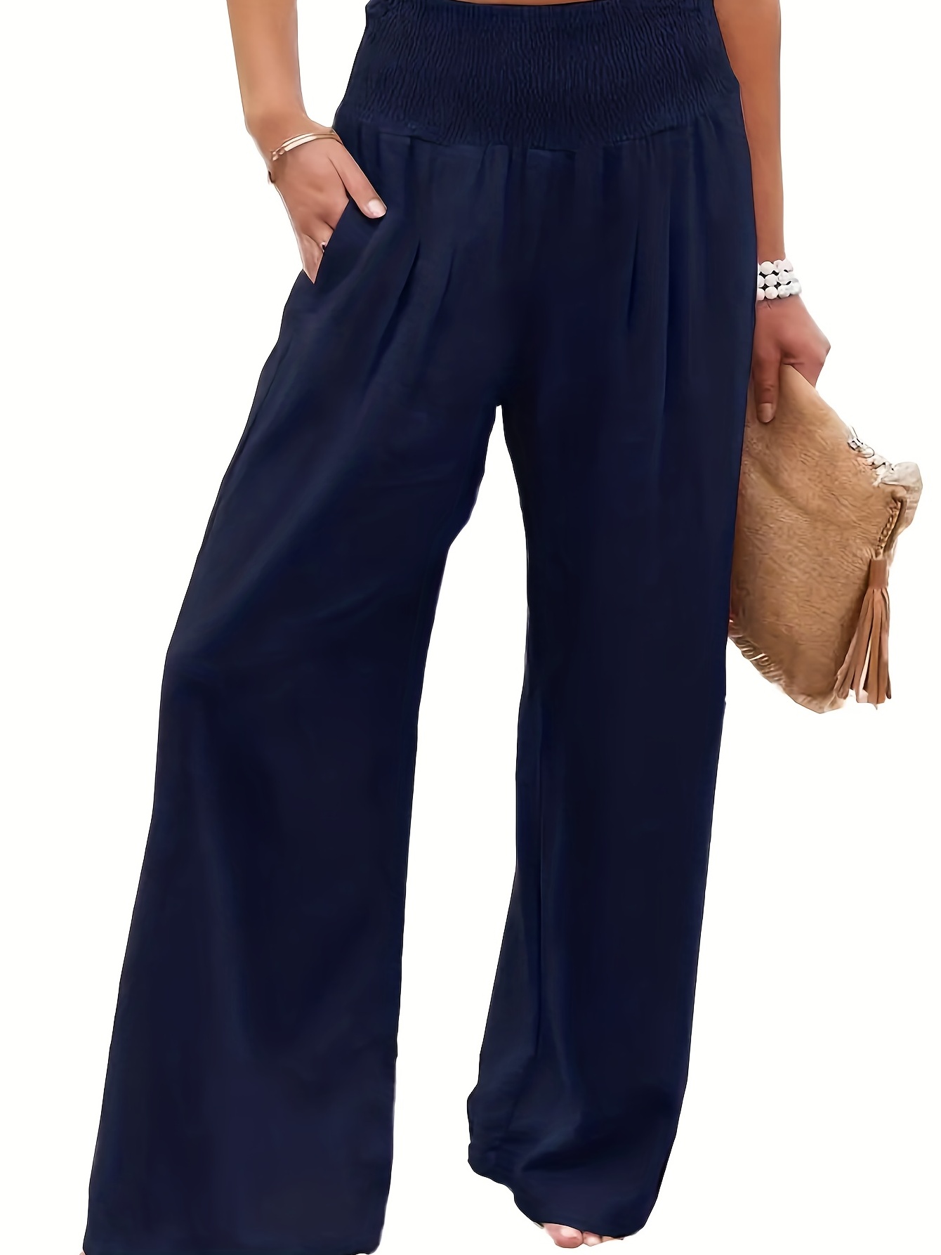 Minimalist Slant Pocket Wide Leg Pants Casual Shirred Pants - Temu