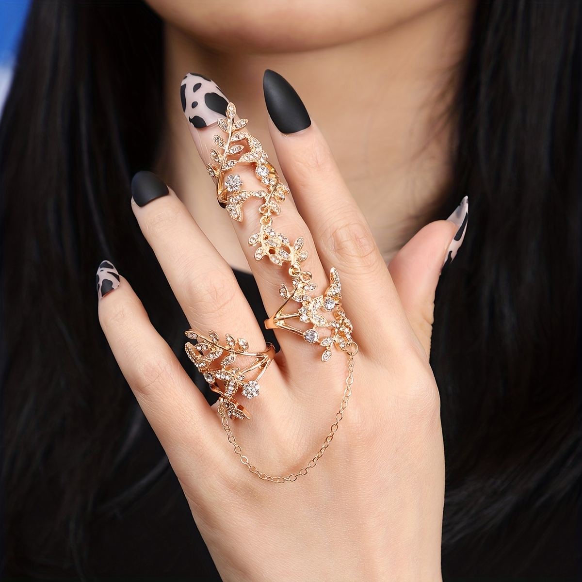 Leaf Shape Rhinestone Inlaid Mittens Finger Ring