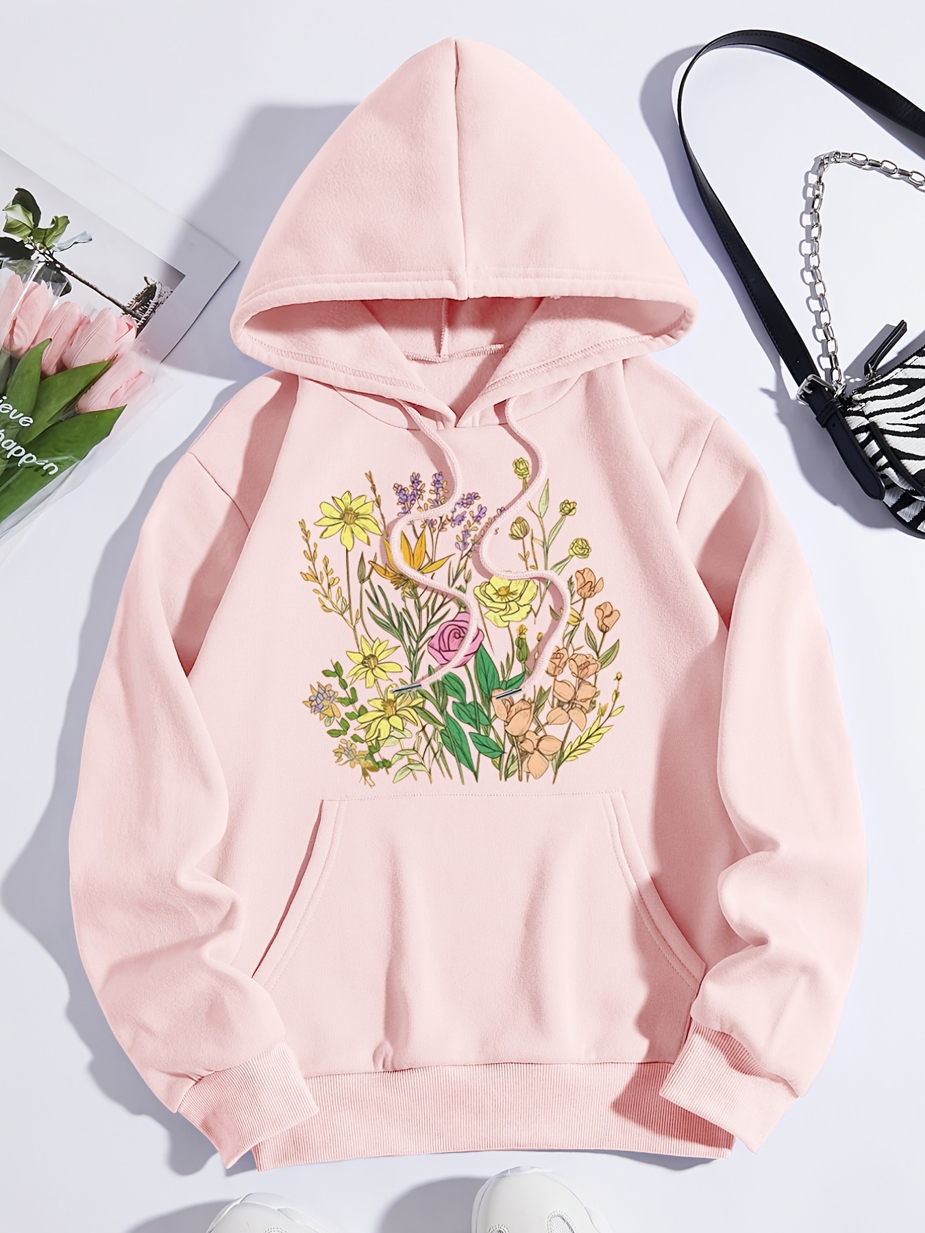 Floral Print Hoodie, Casual Kangaroo Pocket Drawstring Hoodies