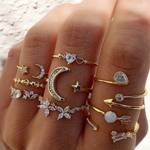 9pcs Exquisite Golden Moon Love Rhinestone Set Joint Ring For Women Daily Party Decor Gift