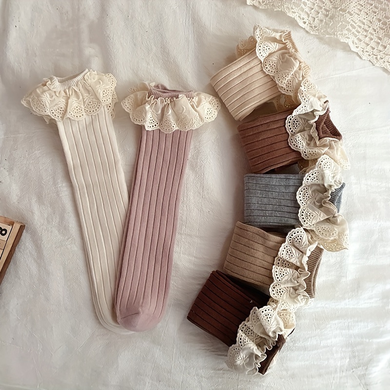 

A Pair Of Girl's Lace Striped Crew Socks, Comfy Breathable Casual Thermal Socks, Winter & Autumn