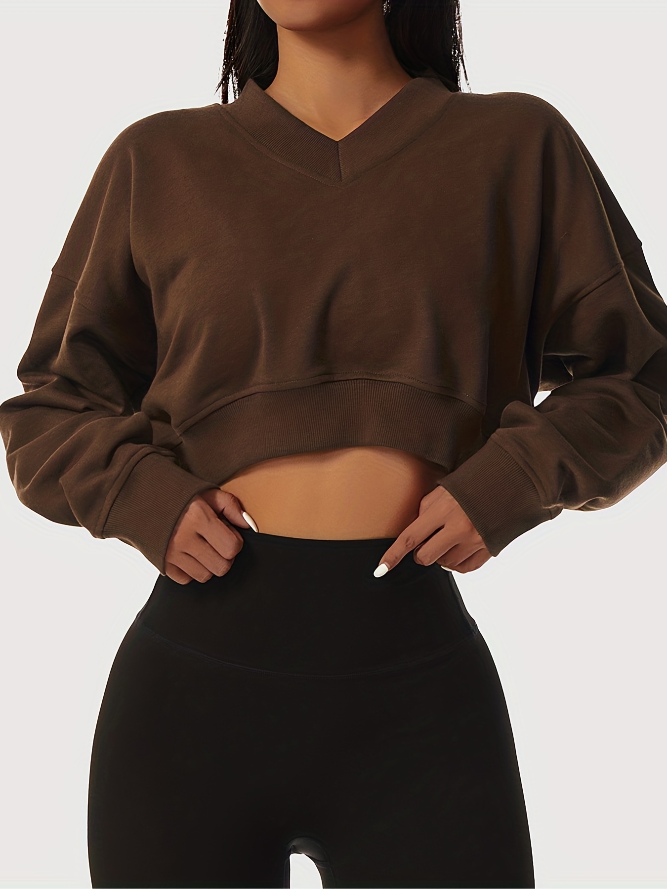 Women's Solid Cropped Long Sleeve Sweatshirts Casual V Neck - Temu