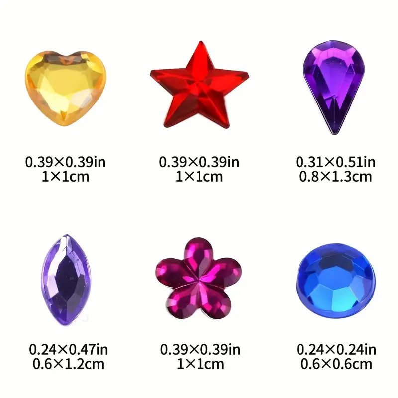JPSOR 600pcs Gems Acrylic Flatback Rhinestones Gemstone Embellishments, 6 Shapes, 6-13mm