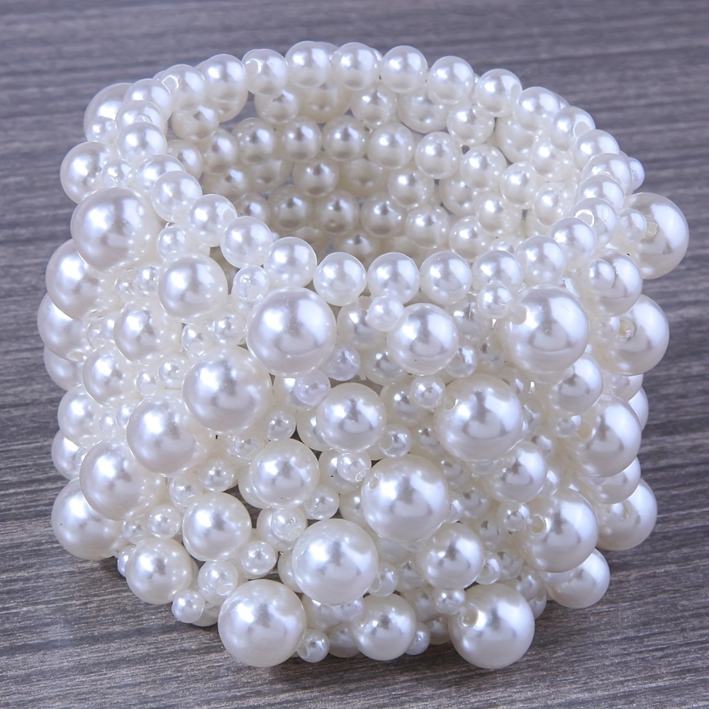 

1pc White Faux Pearls Beads Beaded Wide Bangle Bracelet Elegant Temperament Elastic Stretch Hand Bracelet