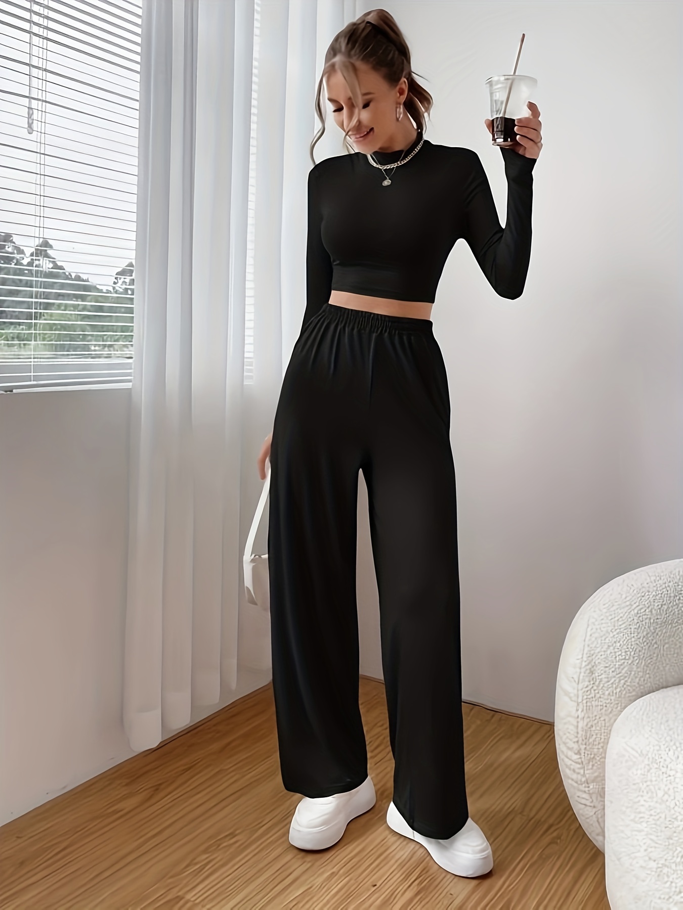 Women Fashion Long Sleeve Top Ruched Long Pants Casual Sports Two Piece  Outfits