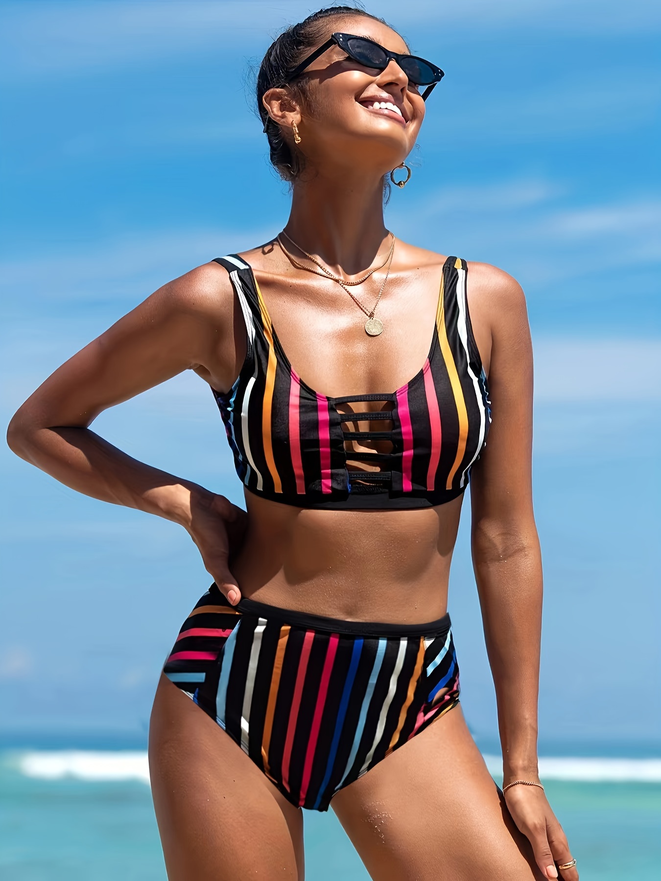 Plus Size Boho Bikini Set Women's Plus Colorful Striped Cut - Temu