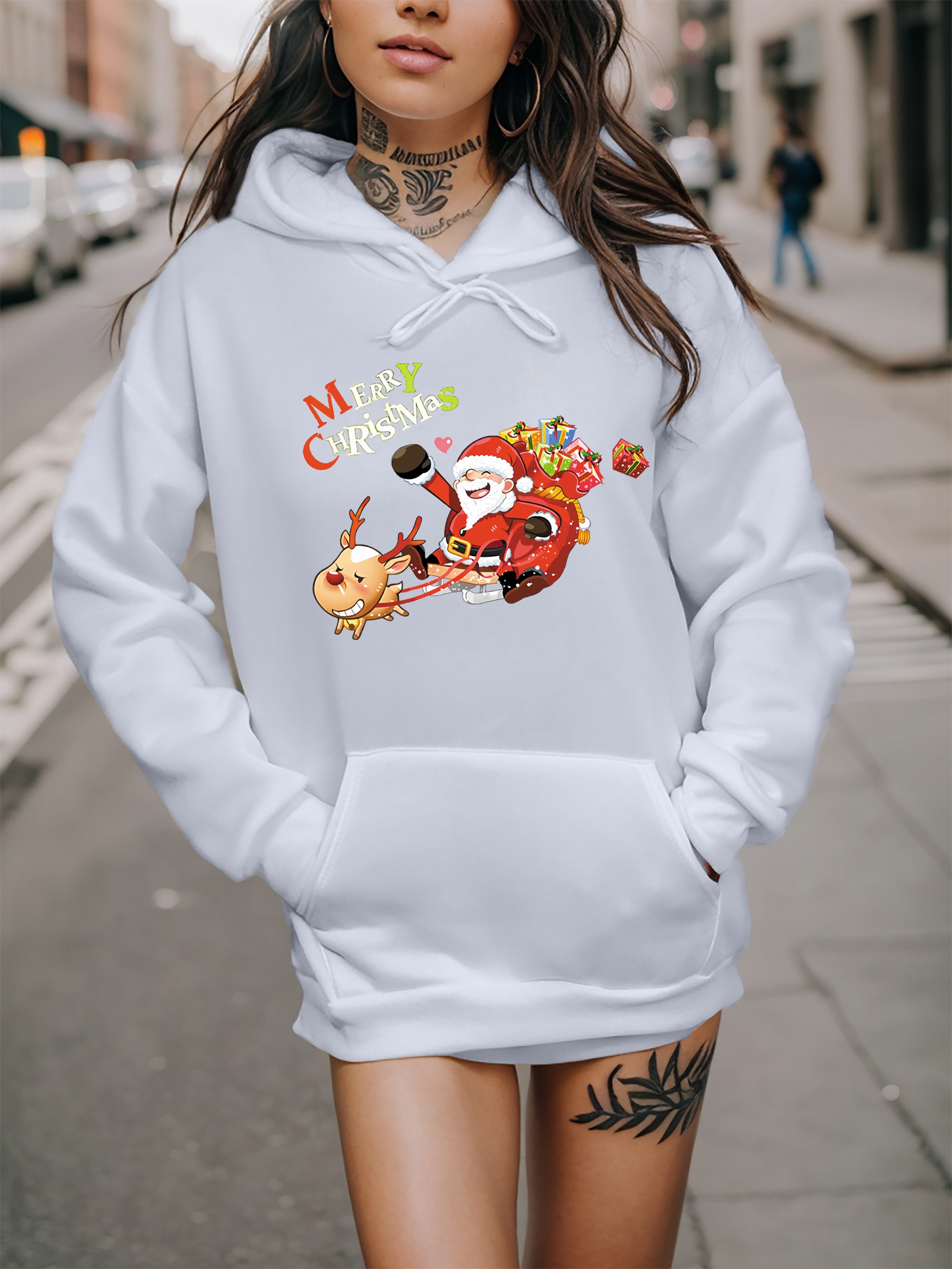 christmas santa claus print drawstring hoodie casual long Temu United Kingdom