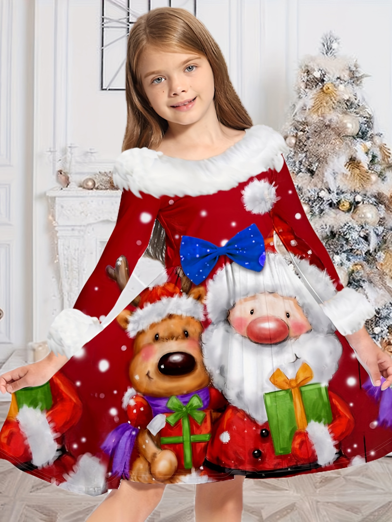 Robe Anniversaire Fille 1 an, Enfant Fille Fête Ensemble de Noël Robe de  Noel Chauds Imprimé Rouge Déguisement de Noël Tenue de Noël Manches Longues