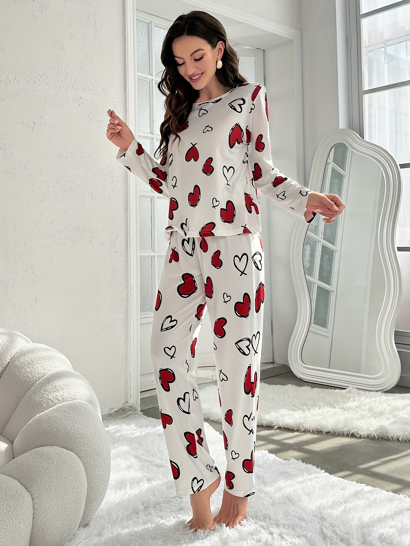 Heart Print Fuzzy Pajama Set For Music Festival, Long Sleeve Crew Neck Top  & Elastic Waistband Pants, Women's Sleepwear & Loungewear