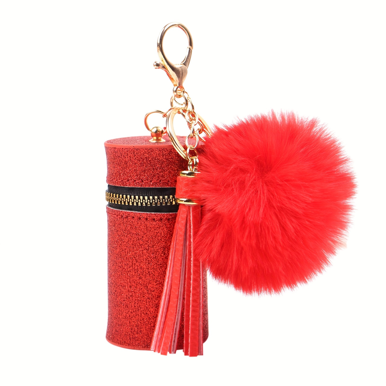 Fur Ball Keychain with Letter and Lip Gloss