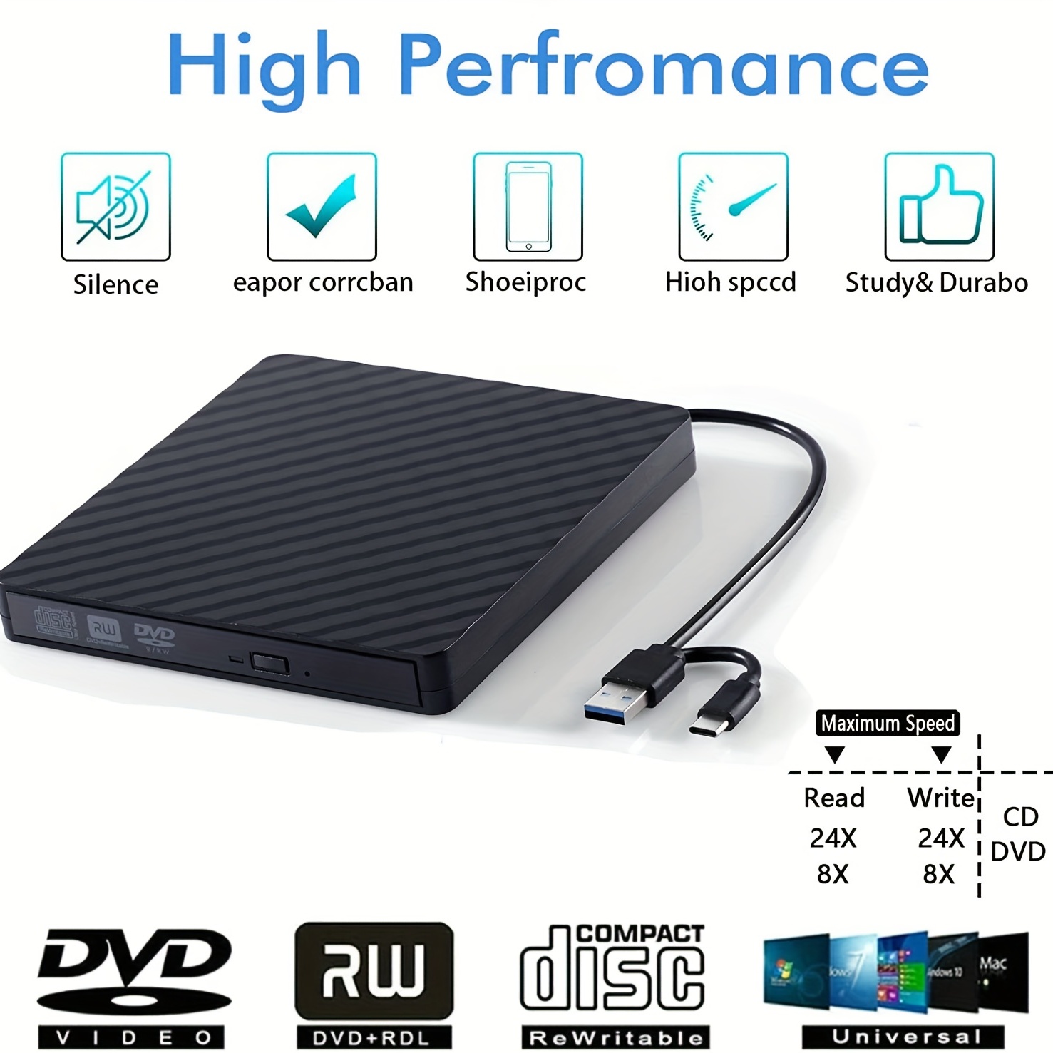 Lecteur DVD/CD Externe USB 3.0 portable compact DVD-RW CD ROM