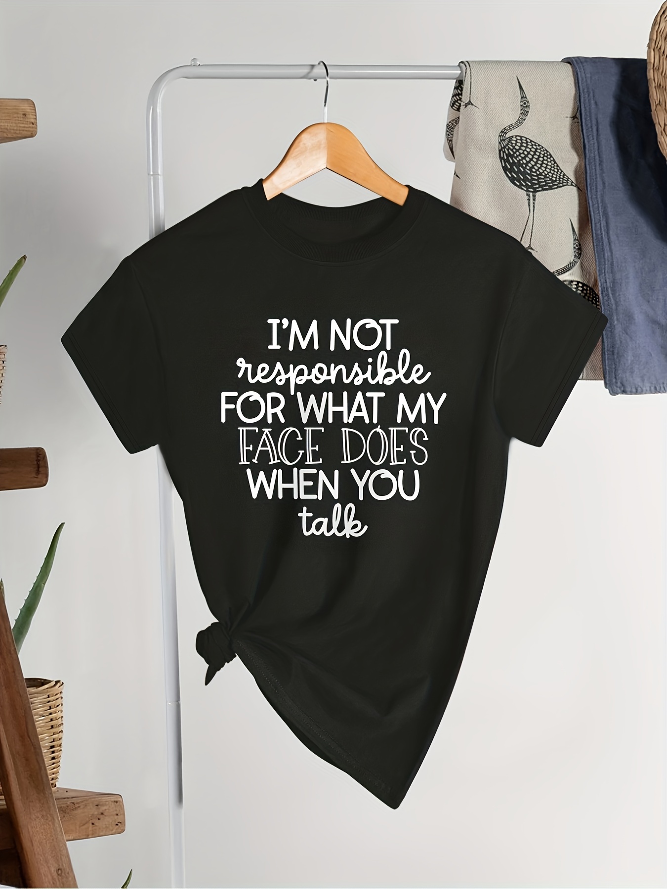 Plus Size Casual Tee, Women's Plus Letter Print Short Sleeve Round Neck Slight Stretch T-Shirt