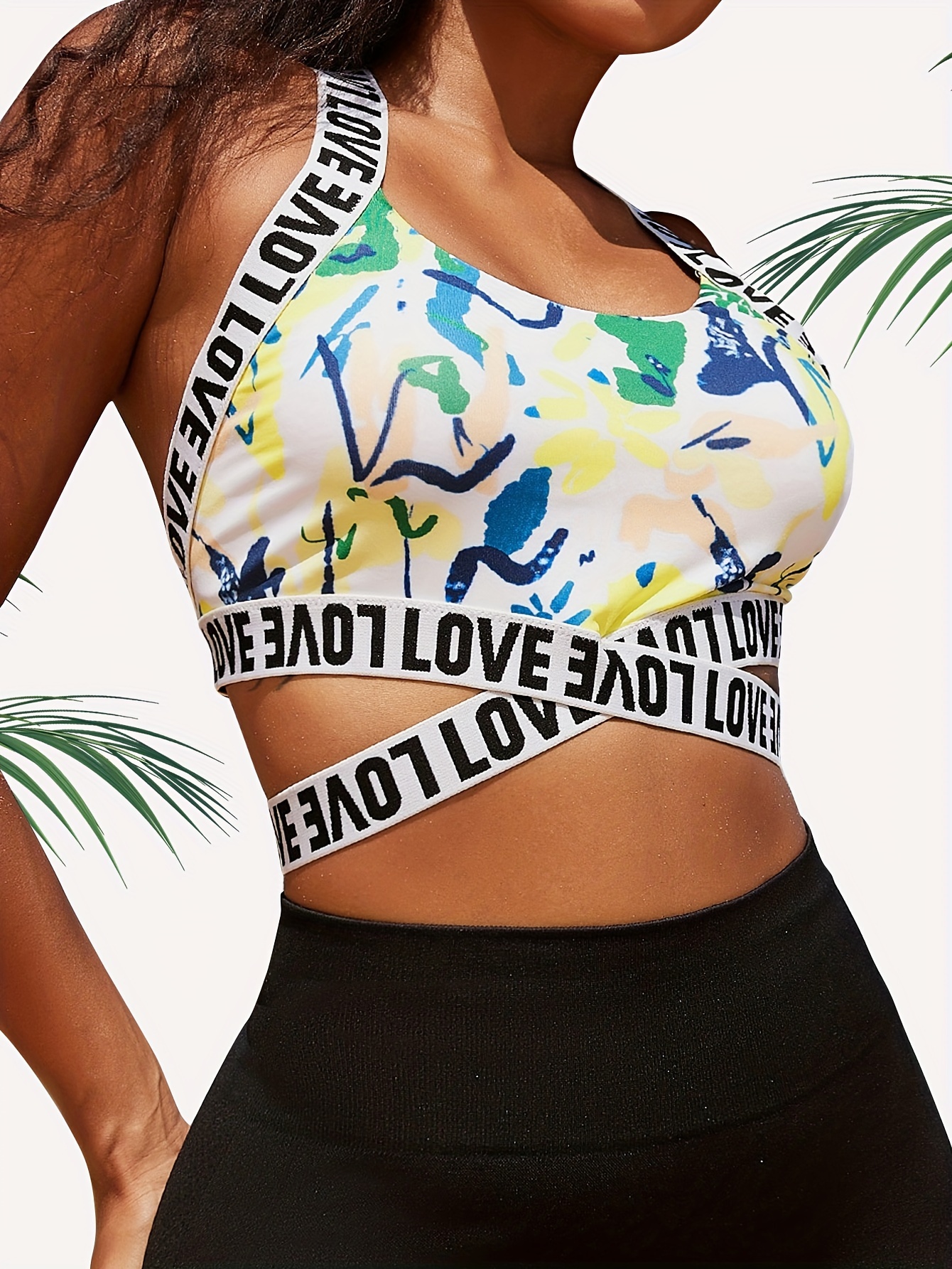 Letter Print Bra Panties Criss Cross Back Sports Bra Elastic - Temu