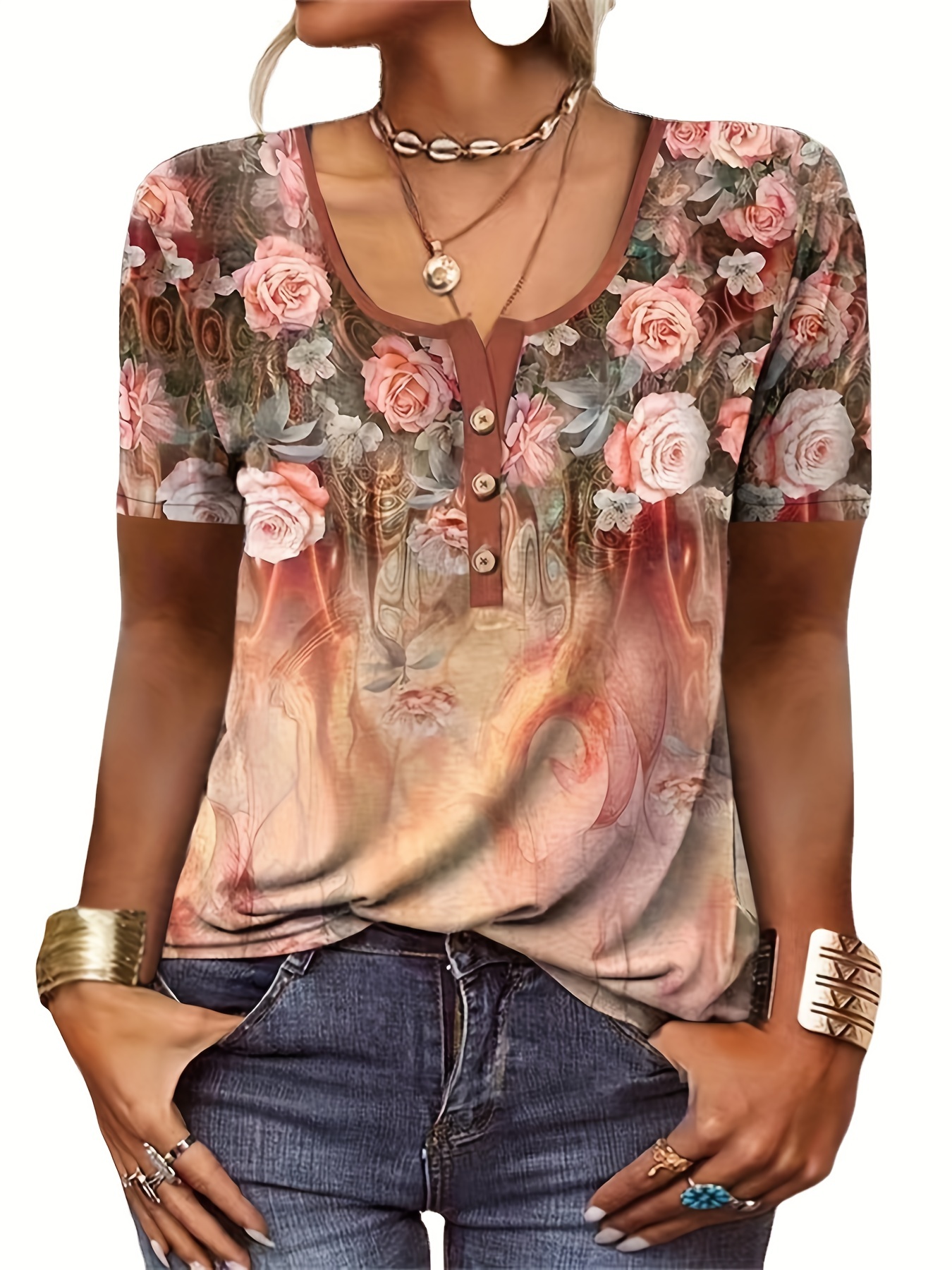 Womens V-neck Tops Boho Blouse Plus Size Short T Shirt Sleeve Ladies Floral