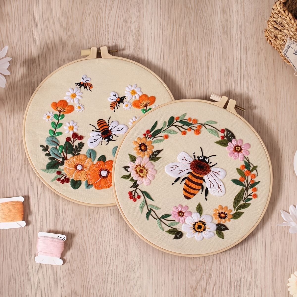 Embroidery Kit Honeybee And Flowers Include 1 Embroidery - Temu