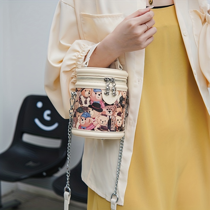 Mini Bear Cylinder Handbag, Scarf Decor Crossbody Bag, Women's Pu Leather  Bucket Bag - Temu