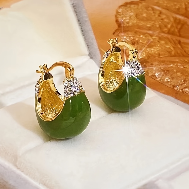 

Green Oil Painting C-shaped Inlaid Crystal Earrings, Women's Fashionable High-end Earrings Jewelry