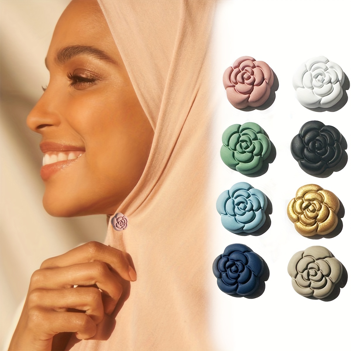

8pcs Camellia Flower Magnetic Buckle Brooch Scarf Buckle Hijab Pin Set For Women's Daily Wear