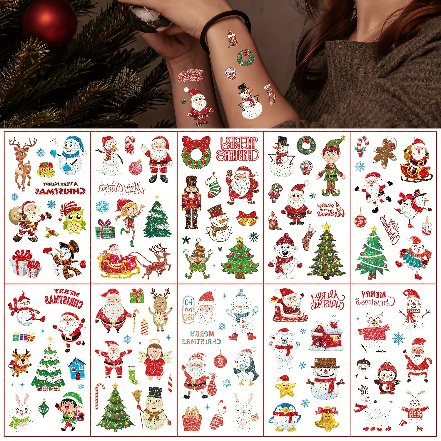 Christmas Tattoo Stickers Cartoon Snowman Snowflake Elk - Temu