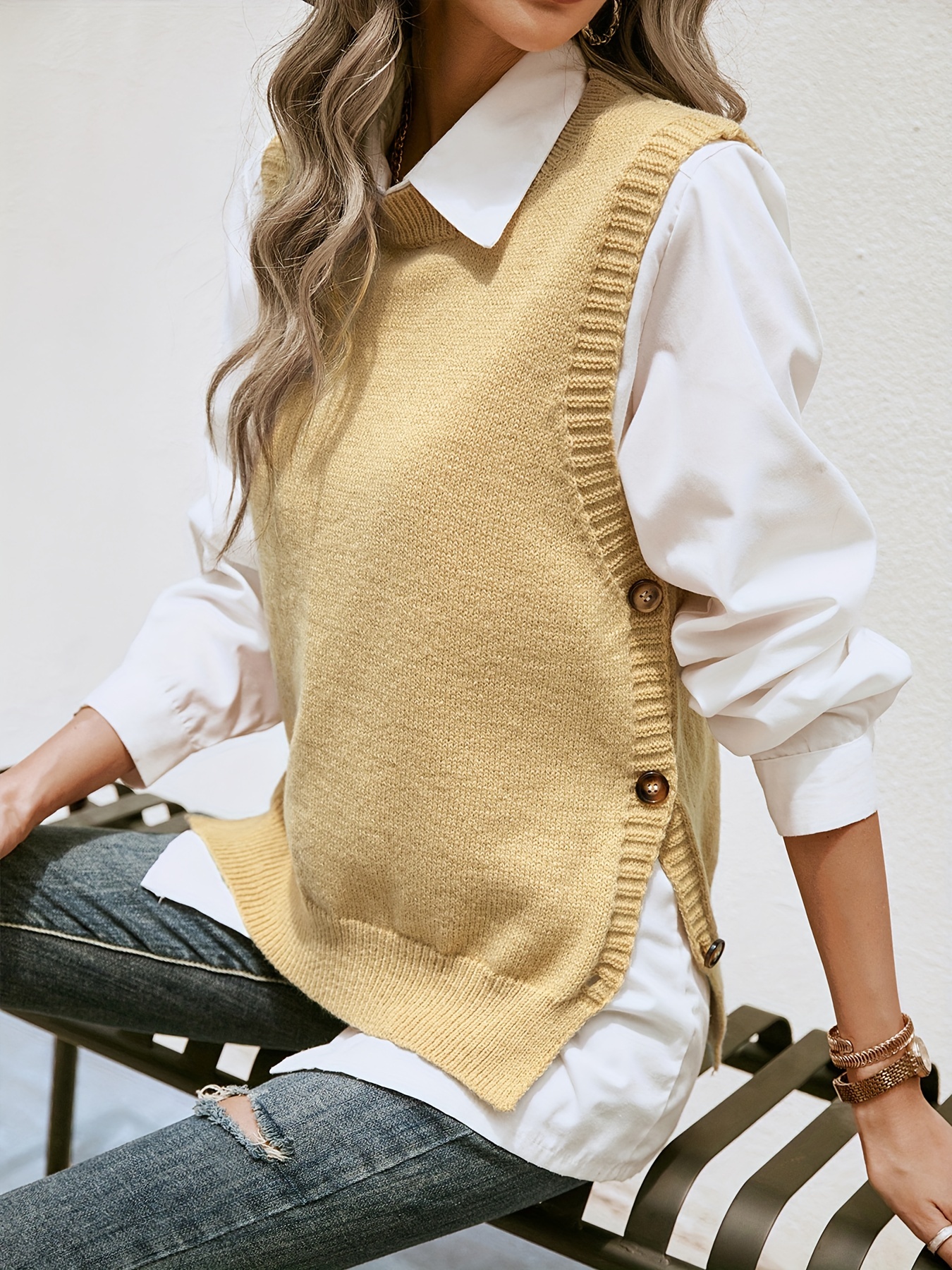 Aeneontrue Women's Sweater Vest Sleeveless Button Down Knitted Cardigan  Outwear with Pockets Beige S at  Women's Clothing store