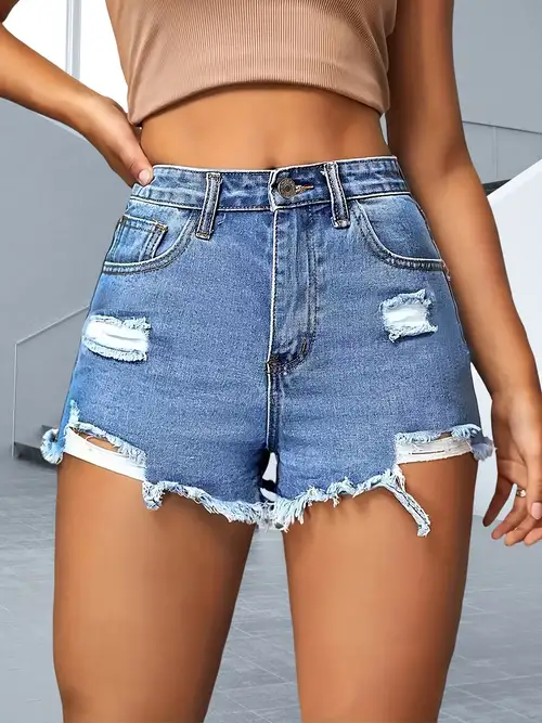 Ripped Row Hem Washed Blue Denim Shorts, Solid Color Slash Pockets  Distressed Jeans For Spring And Summer, Women's Denim Jeans & Clothing
