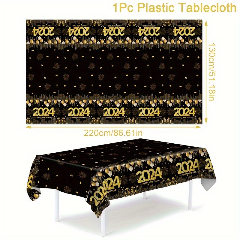 PLULON Nappe Happy New Year Couverture de Table en Plastique 2024 Nappe du  Nouvel an Noir