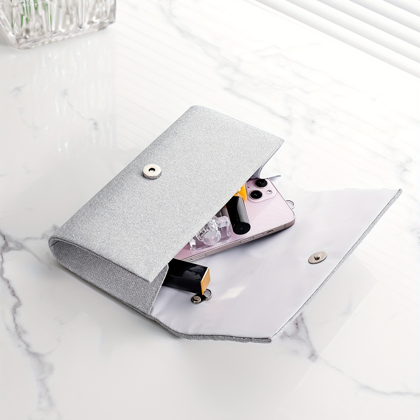 Metal Detail Clutch Envelope Bag, Glitter Evening Flap Purse