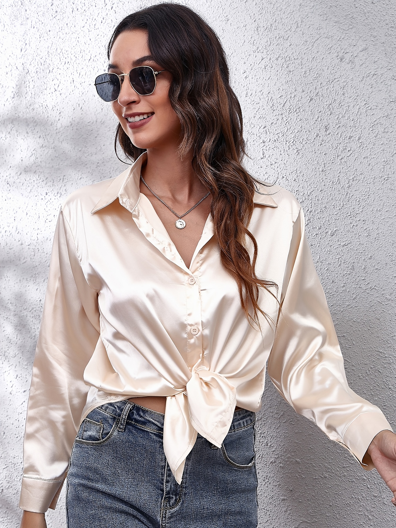 XFLWAM Womens Button Down Shirts Lapel V Neck Long Sleeve Office Blouses  Casual Business Solid Color Rolled Sleeve Tops Blue M 