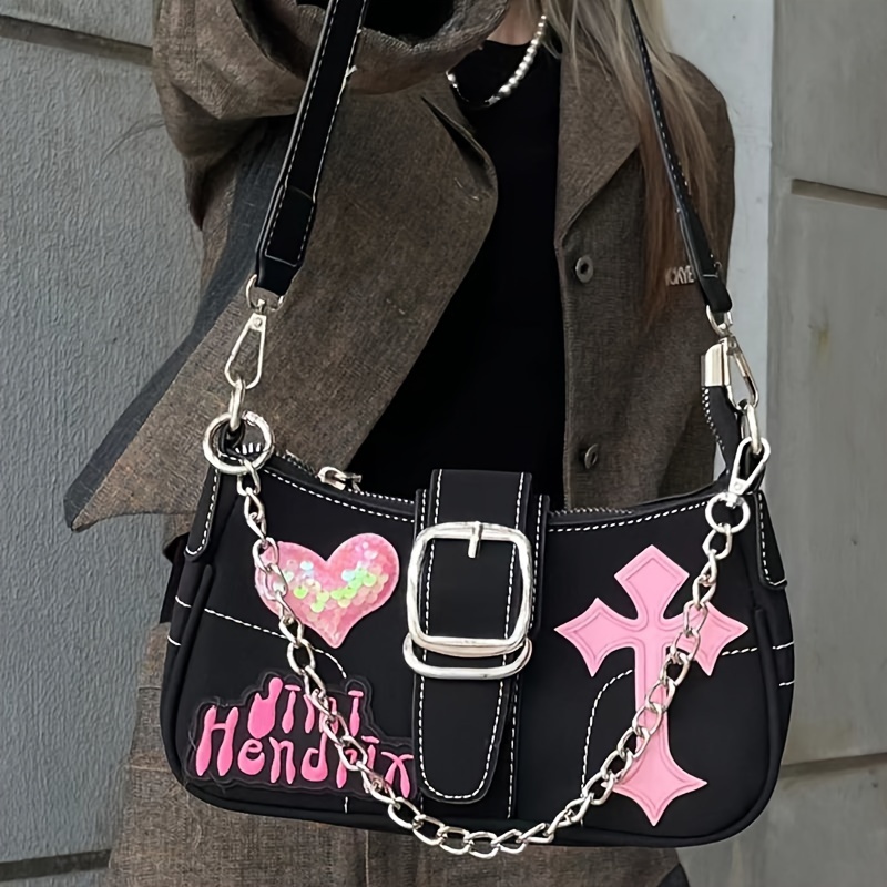 Y2k Graffiti Crossbody Bag, Fashion Chain Decor Underarm Purse, Letter  Shoulder Bag For Women - Temu Bahrain