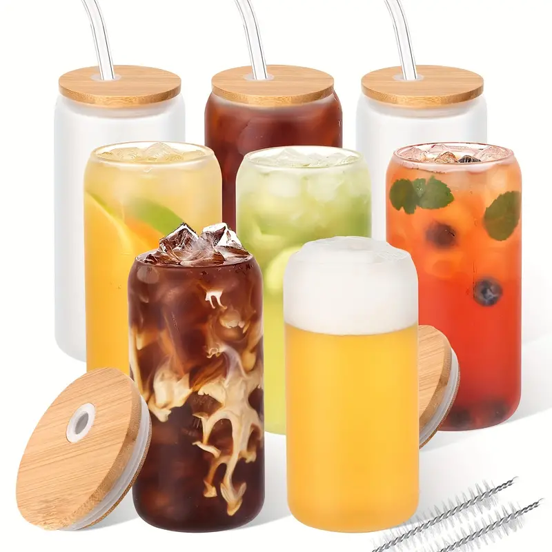 16 Ounce Beer Glasses With Bamboo Lid And Glass Straws, Reusable Home  Travel Office Coffee Tea Boba Juice Ice Cream Drinking Cup, For Home  Kitchen And Bar - Temu