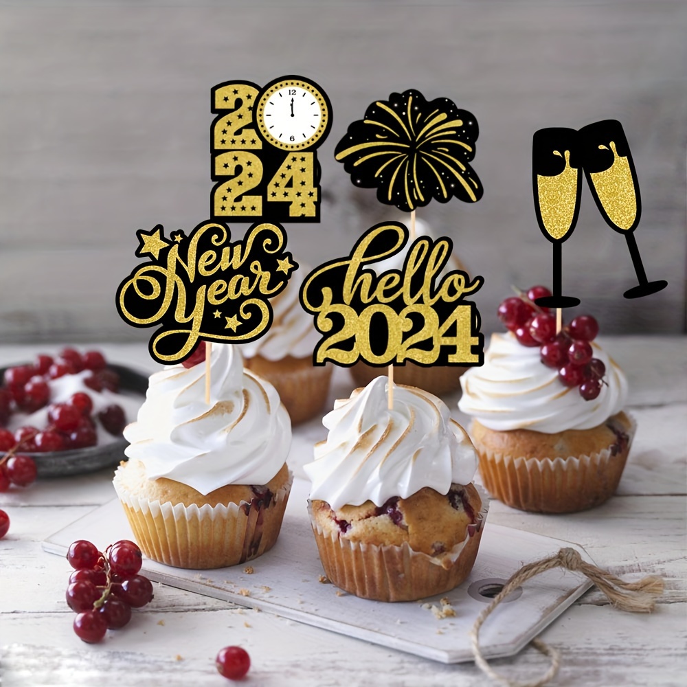 Happy New Year 2024 Cake Topper, Happy New Year Decorations, Hello 2024,  Cheers 2024, New Years Eve Party Decoration Supplies Gold Glitter