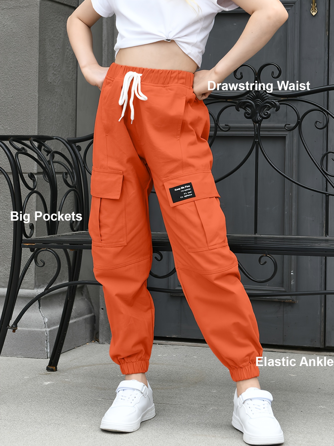 US Girls Cargo Jogger Pants Sports Pockets Trousers Sweatpants with  Drawstring