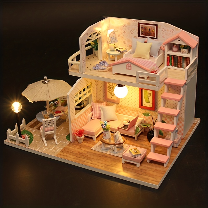 

Creative Handmade Diy Toy Assembly Wood Pink Small House Model To Send Young And Young Adult Birthday Gift