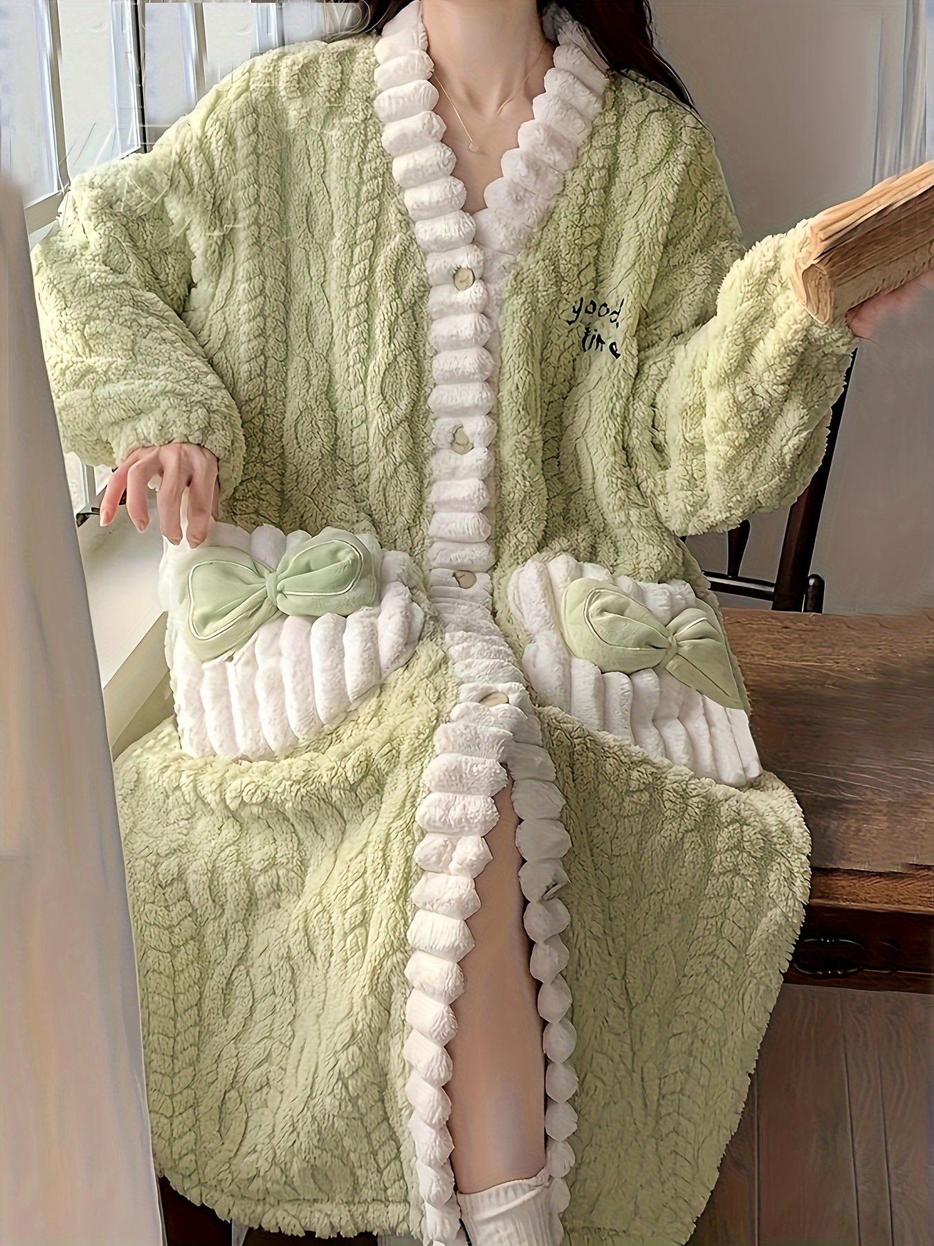 Flower Decor Fuzzy Night Robe Cute Long Sleeve V Neck Robe - Temu