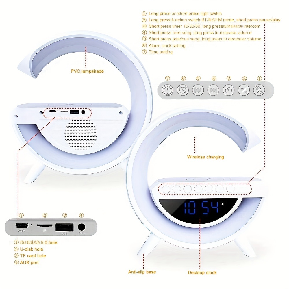 Mini G Shaped Wireless Speaker and Charger,Portable LED Wireless Charging  Speaker, Atmosphere Lamp with Wireless Charging Function,Wake-Up Light and