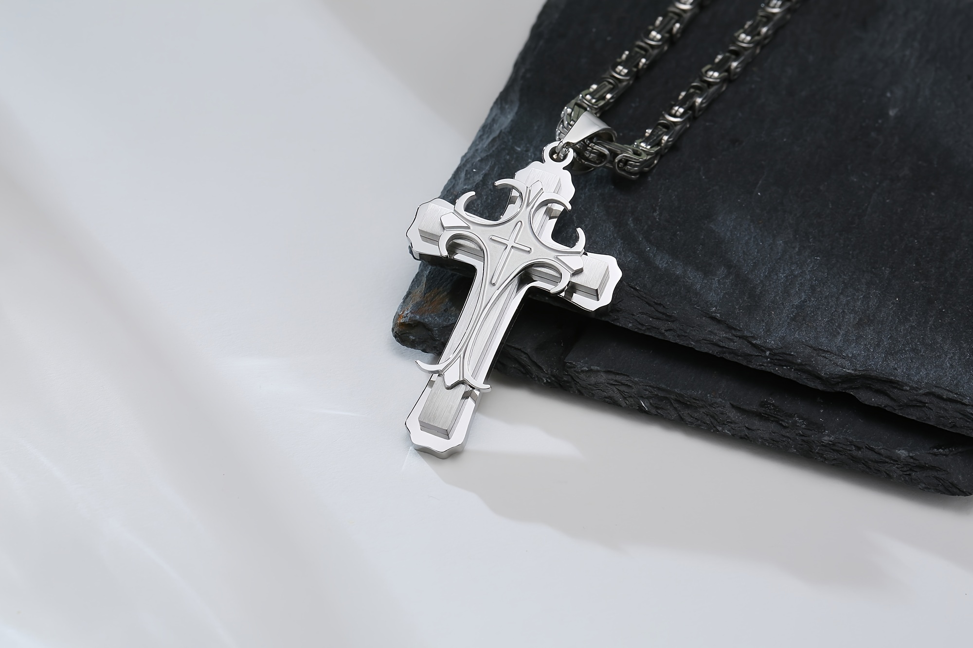 stainless steel double layer cross pendant necklace fashionable byzantine necklace mens accessories details 2