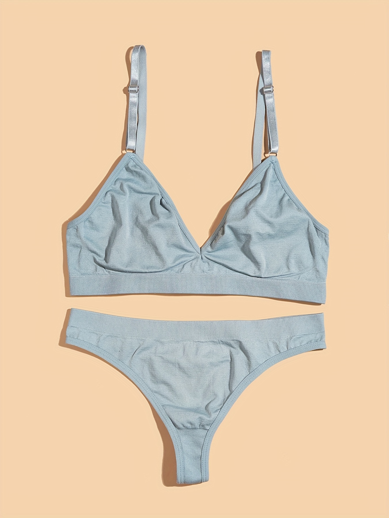 Womens Blue Seamless Bralette And Boxer Ribbed Set