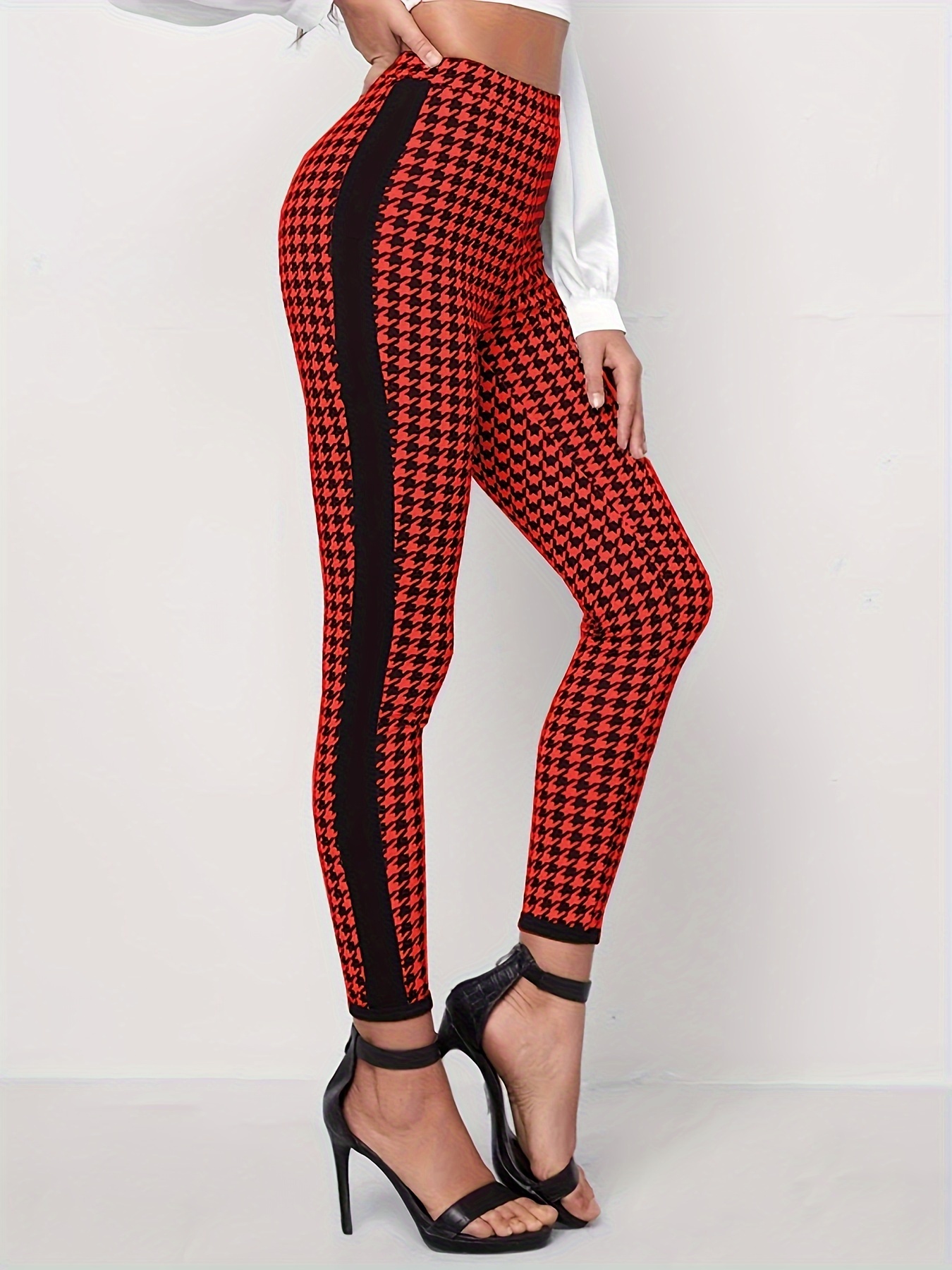 Houndstooth Print Skinny Leggings Casual Stretchy Every Day - Temu